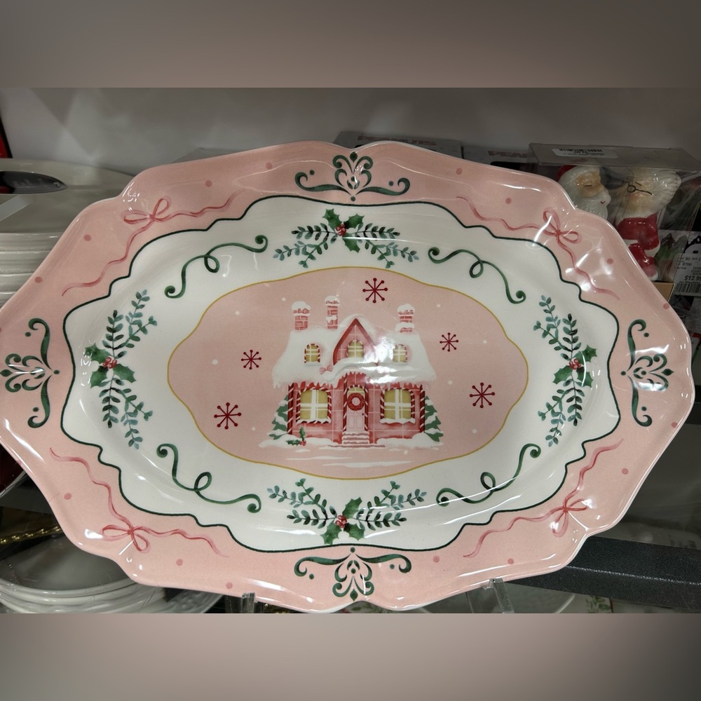 Christmas Plate Platter Gingerbread House Pink Home Holiday Decor 🎅🎄🎀